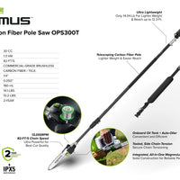 OPTIMUS 82V 10" Polesaw with Carbon Fiber Shaft with CORE300 Battery and Charger | OPS300T-C3DP