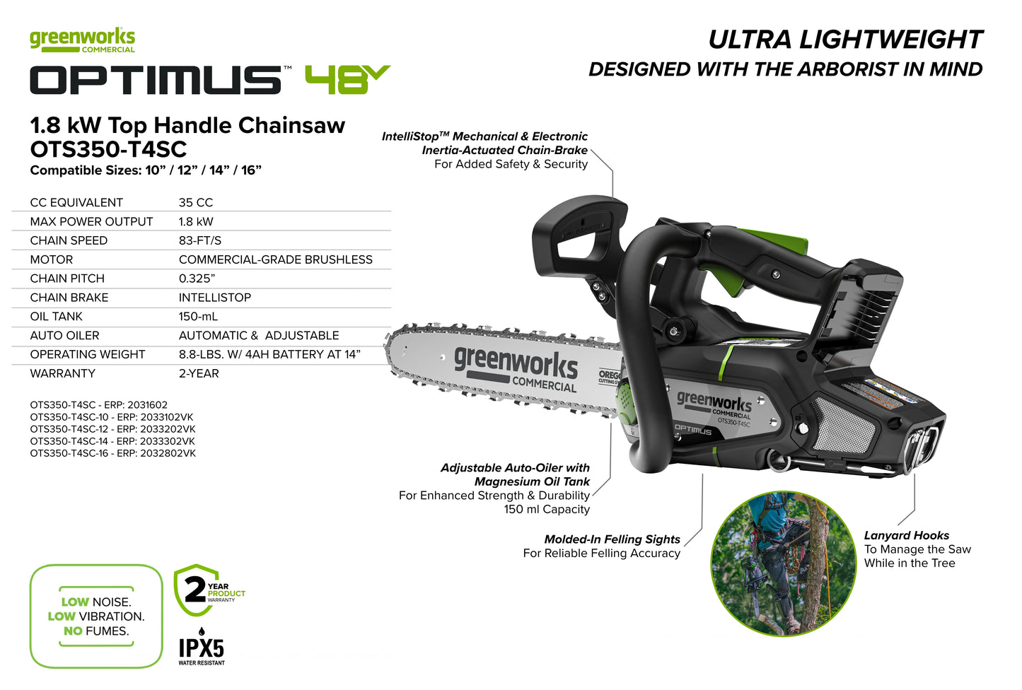 OPTIMUS 48V Top-Handle Chainsaw Powerhead, 48V 4 Ah Battery, 5A Charger | OTS350-T4SC
