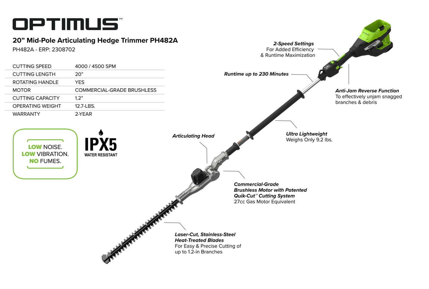 Optimus 82V Articulating Mid Pole Hedge Trimmer | PH482A