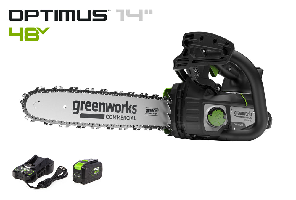 OPTIMUS 48V 14" Top-Handle Chainsaw Powerhead, 48V 4 Ah Battery, 5A Charger | OTS350-T4SC-14