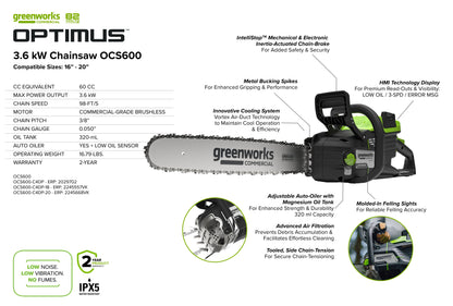 OPTIMUS 82V 3.6kw 18" Chainsaw Kit with CORE400 Battery & DP Charger | OCS600-C4DP-18