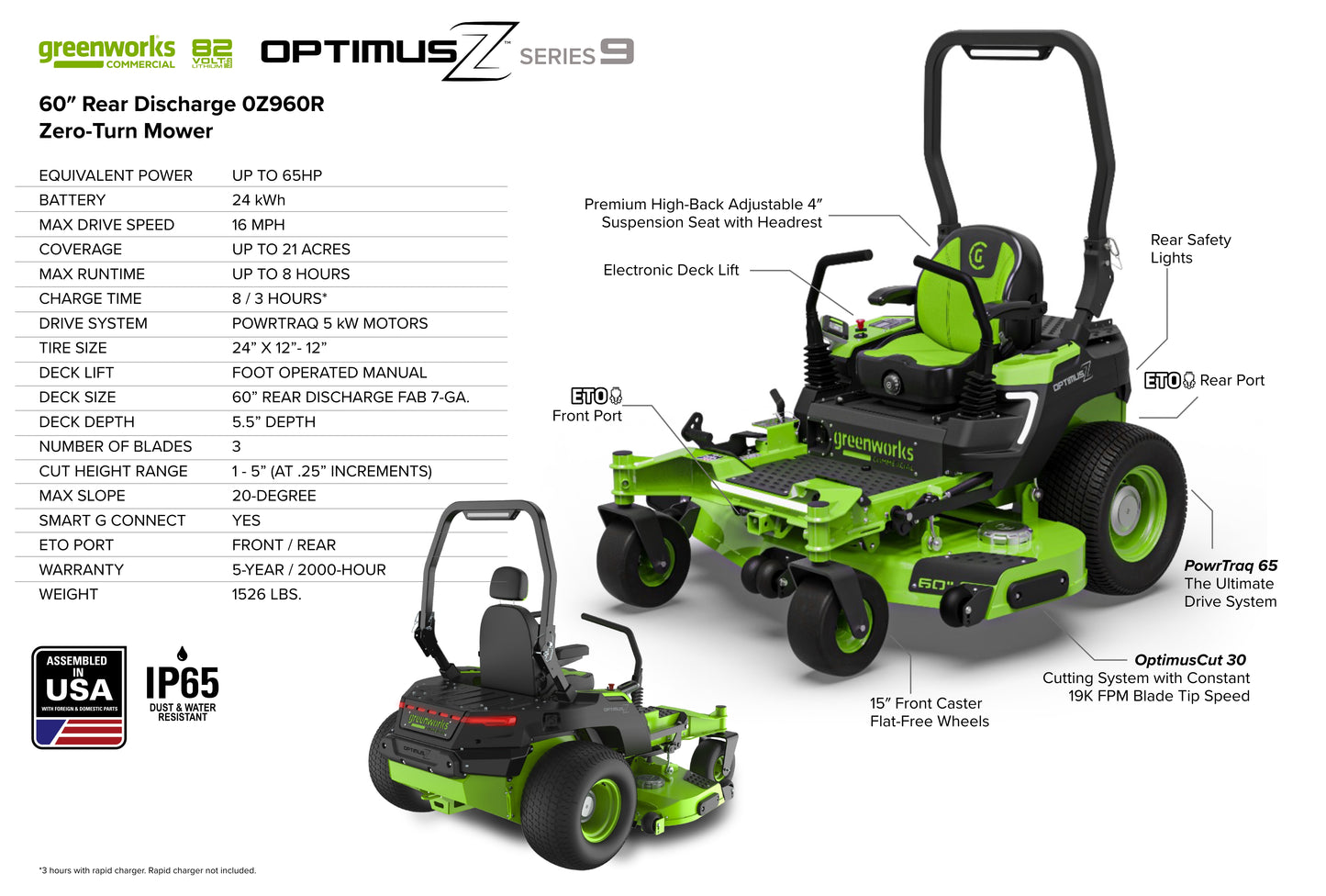 OptimusZ Series 9 60" (Rear Discharge) Ride-on ZTR - 24 kWh | OZ960R