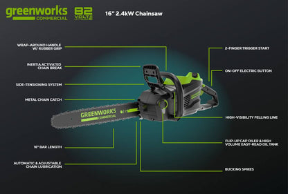 82V 16" 2.4kW Chainsaw with 4Ah Battery and Dual Port Charger (82CS24-4DP)