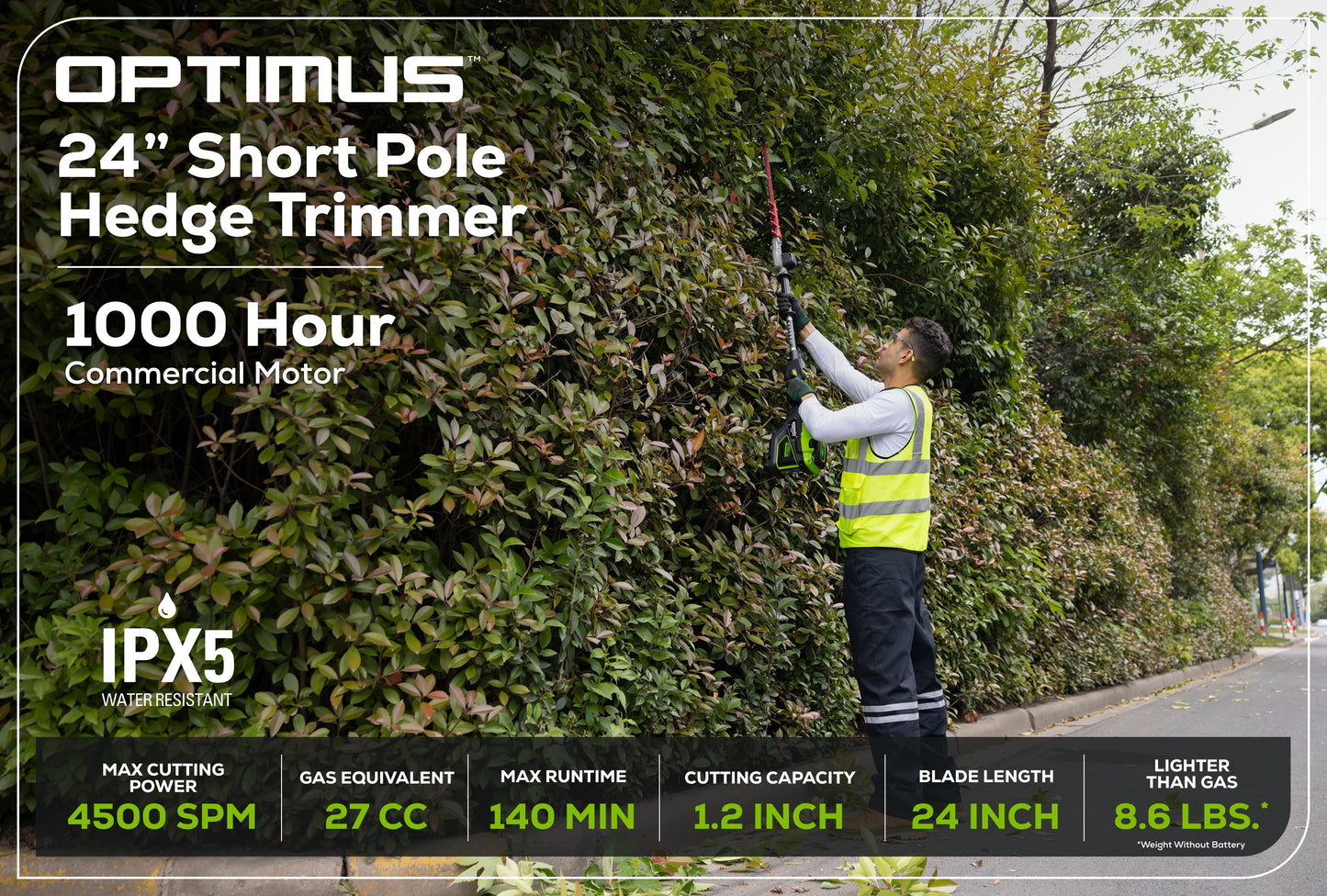 Optimus 82V Short Pole Fixed Hedge Trimmer with (1) 2.5 Ah Battery and Dual-Port Charger