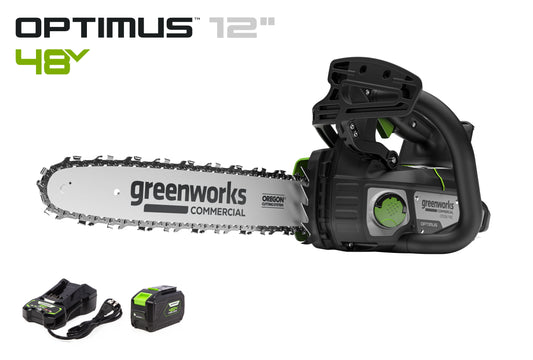 OPTIMUS 48V 12" Top-Handle Chainsaw Powerhead, 48V 4 Ah Battery, 5A Charger | OTS350-T4SC-12